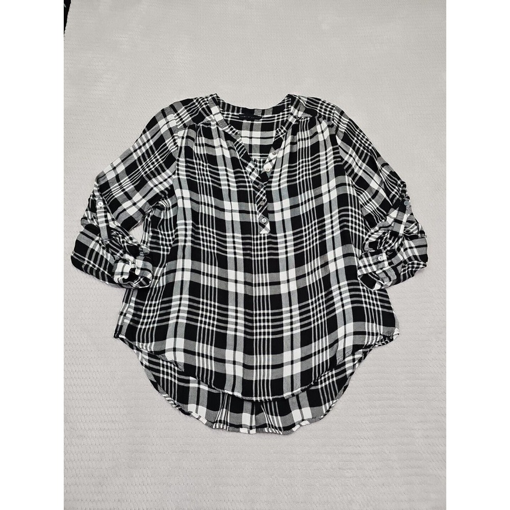 Jane and Delancey Black and White Plaid Roll-Sleeve Blouse